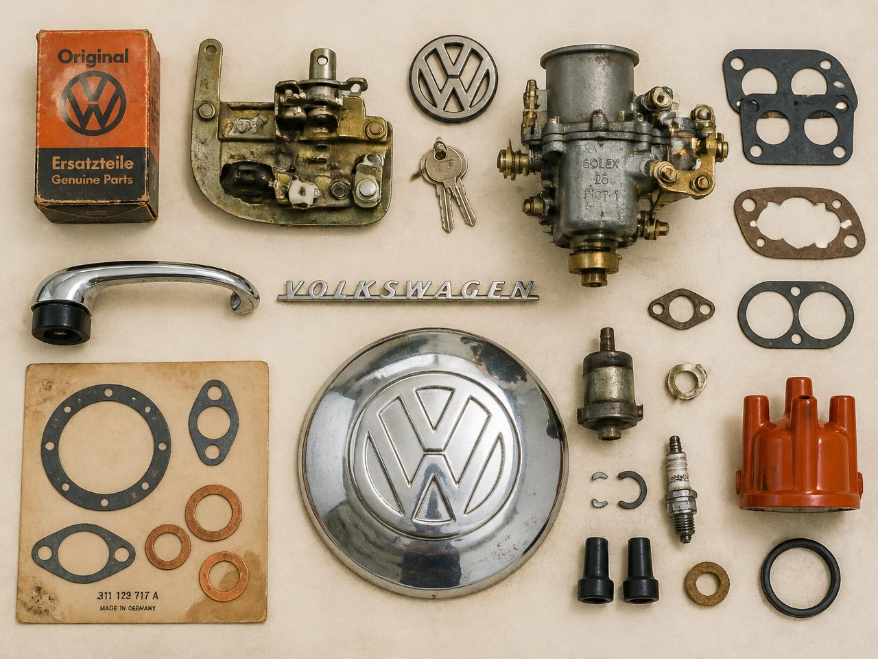 Assorted vintage Volkswagen parts laid out on a workbench